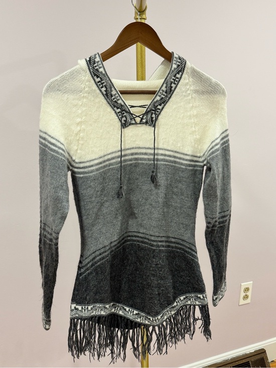 Sweaters - Boho Fringe Sweater Tunic Gray Ivory Lace-Up Knit Pullover Women's S/M